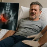 Pacjent w średnim wieku leżący w szpitalnym łóżku, odczuwający ból w okolicy miednicy, obok lekarz pokazuje na zdjęciu RTG widoczne złamanie kości miednicy.