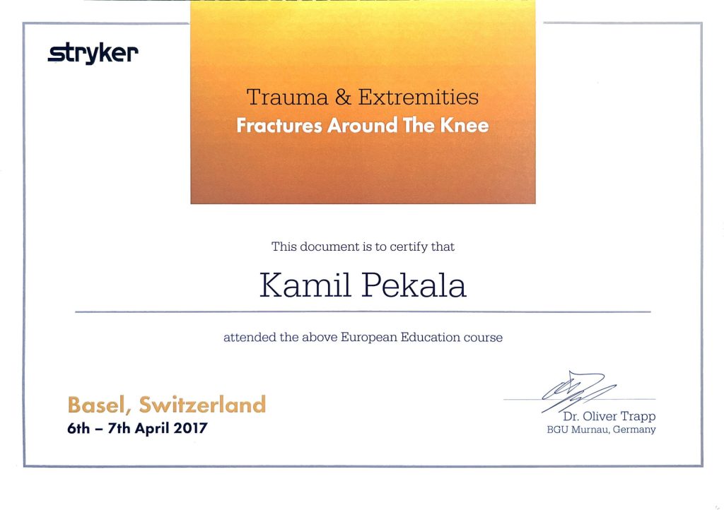 Certyfikat kursu Trauma & Extremities, Stryker