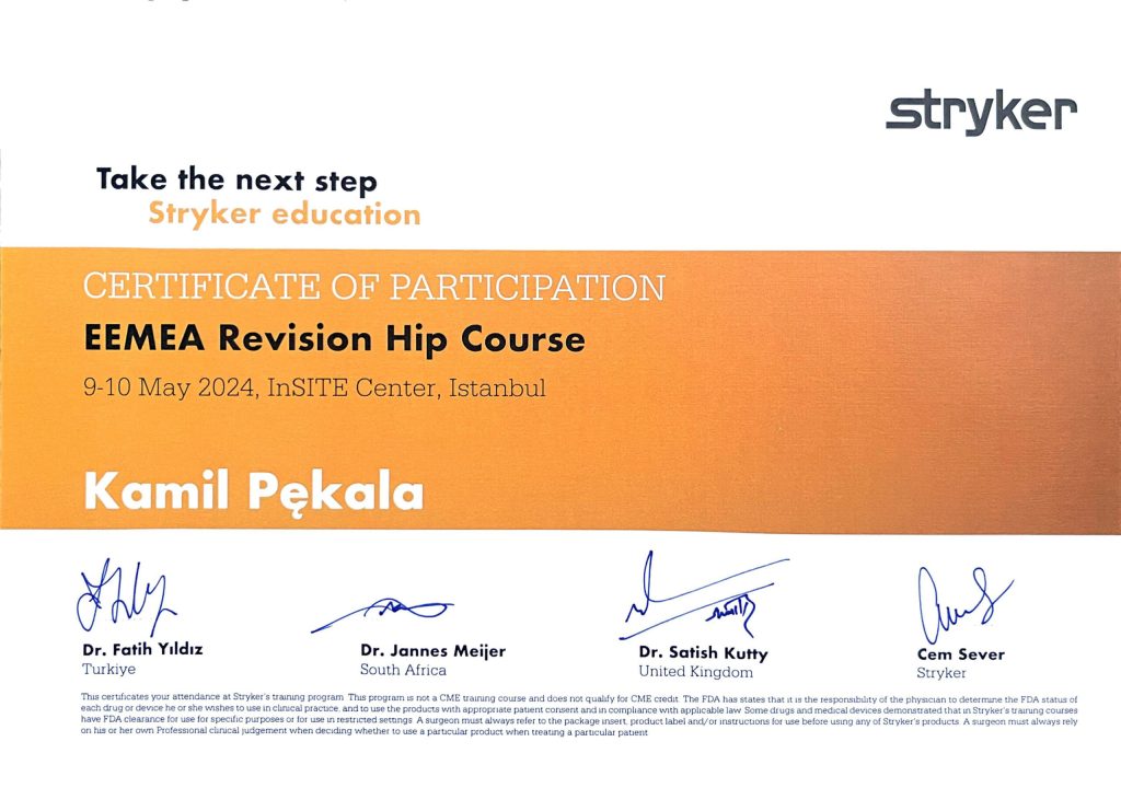 Certyfikat kursu EEMEA Revision Hip Course, Stryker