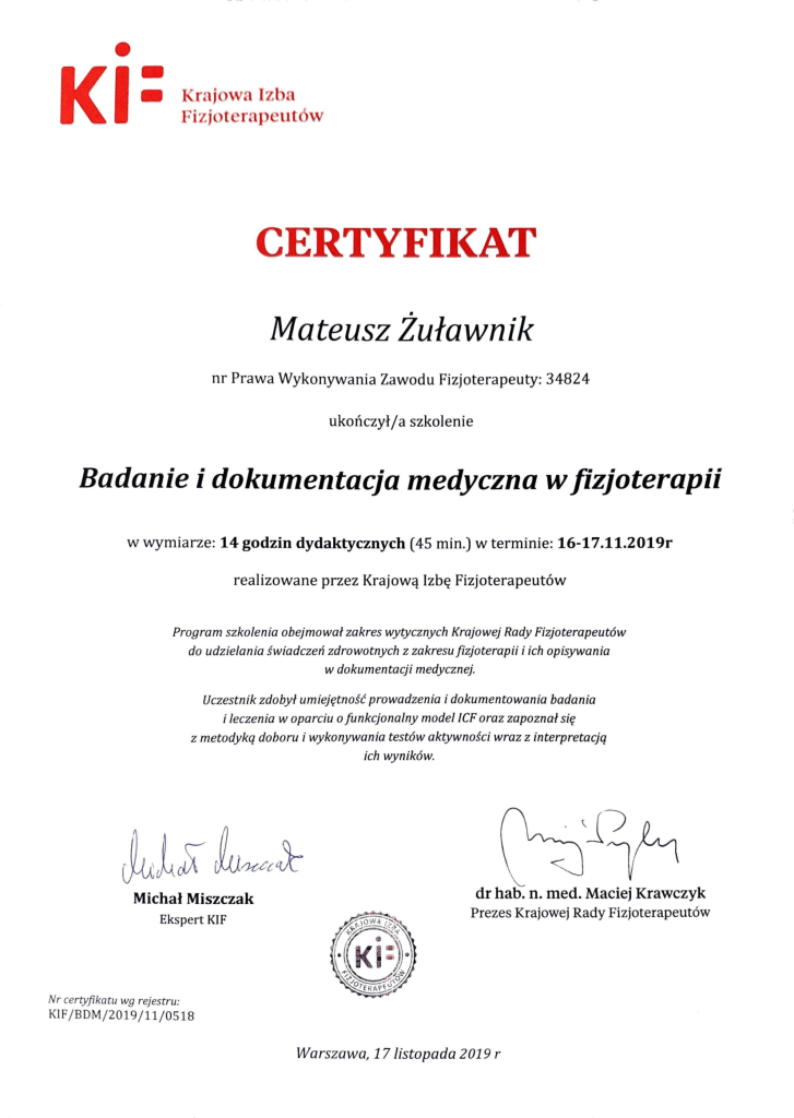 Certyfikat szkolenia Badanie i dokumentacja medyczna w fizjoterapii, Krajowa Izba Fizjoterapeutów
