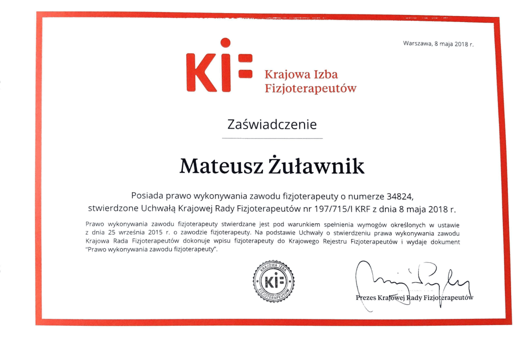 Zaświadczenie o prawie wykonywania zawodu fizjoterapeuty, Krajowa Izba Fizjoterapeutów