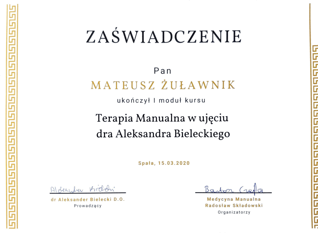 Zaświadczenie ukończenia I modułu kursu Terapia manualna w ujęciu dra Aleksandra Bieleckiego, Medycyna Manualna