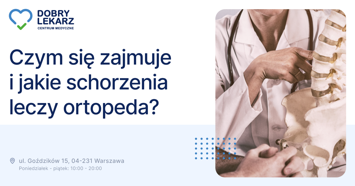 Lekarz przy modelu kręgosłupa i miednicy obok tytułu wpisu o pracy ortopedy