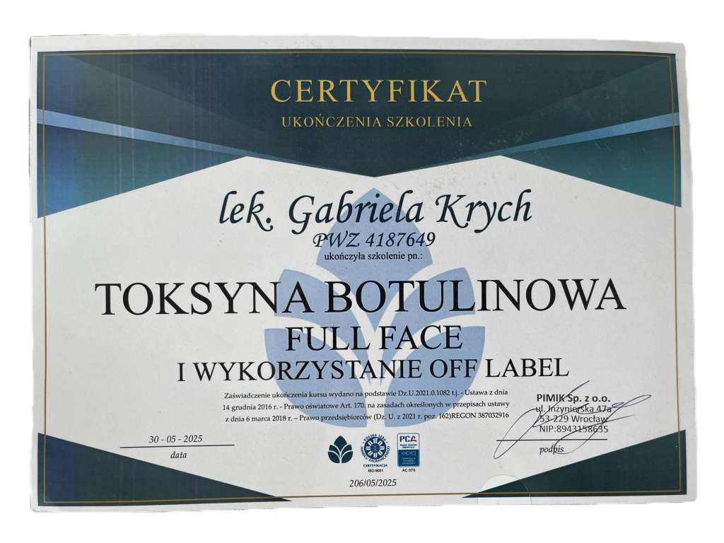 Certyfikat ukończenia szkolenia Toksyna botulinowa full face i wykorzystanie off label, PIMIK