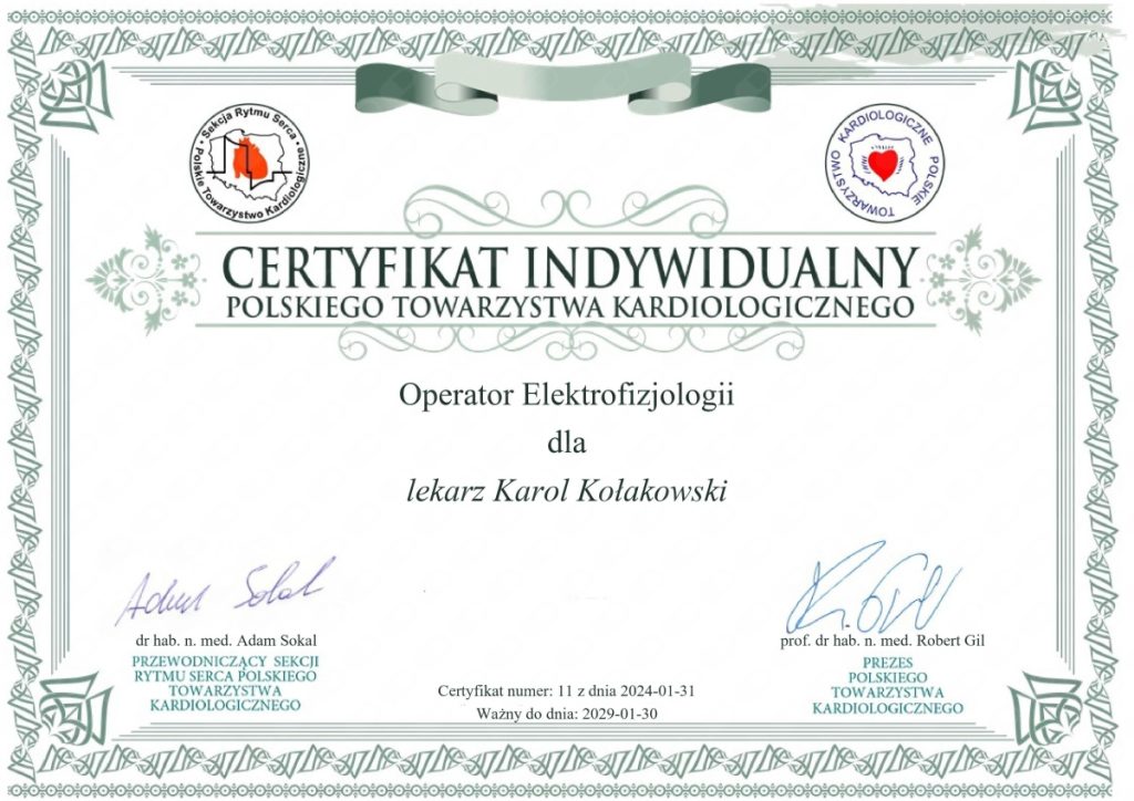 Certyfikat indywidualny Operator Elektrofizjologii, Polskie Towarzystwo Kardiologiczne