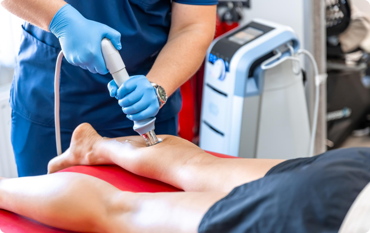 Terapeuta wykonuje zabieg falą uderzeniową na nodze pacjenta