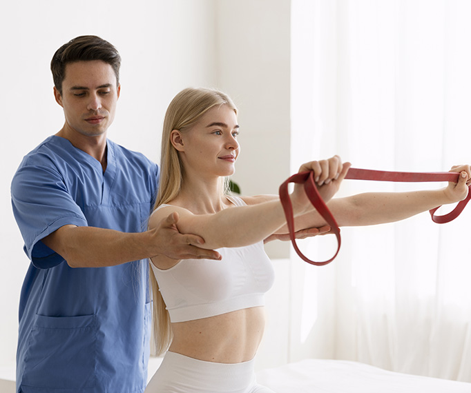 Fizjoterapeuta koryguje ćwiczenie pacjentki z taśmą oporową