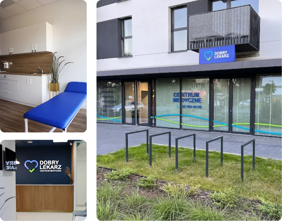 Wnętrze gabinetu, recepcja z logo Dobry Lekarz i wejście do przychodni od ulicy