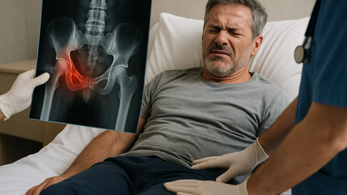 Pacjent z bólem miednicy, obok zdjęcie RTG miednicy z zaznaczonym miejscem urazu